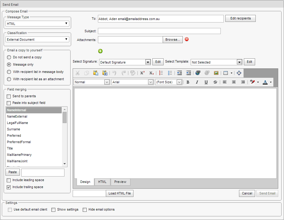 Send Emails window (single recipient, synweb v6)