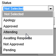 Set Attendee Status window (Status drop-down list,Synweb)