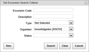 Set Excursion Search Criteria window
