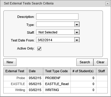 Set External Tests Search Criteria window (populated, synweb)