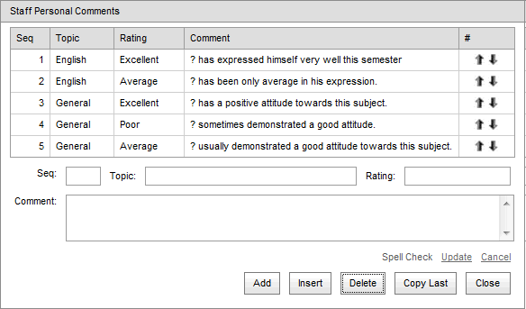 Staff Personal Comments window