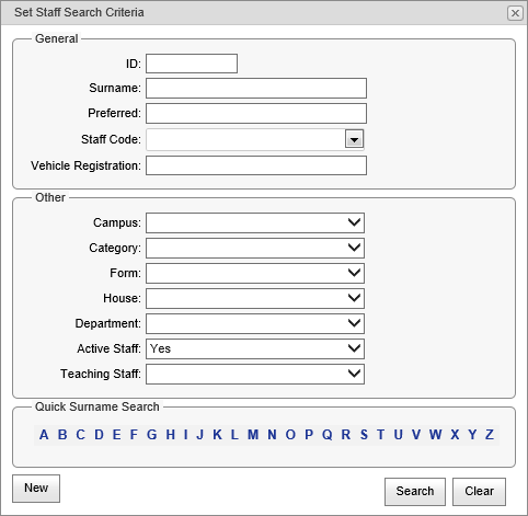 Staff Search Criteria window (cut down)