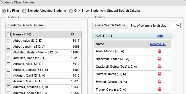 Student Class Allocation window (synweb)