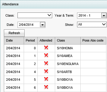 Student Maintenance - Attendance tab (Show all, synweb)
