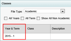 Student Maintenance - Classes bar (year and term field highlighted)