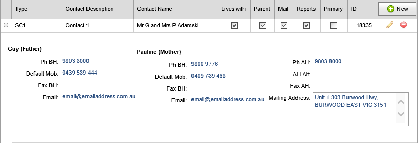 Student Maintenance - Contacts bar (grid area)