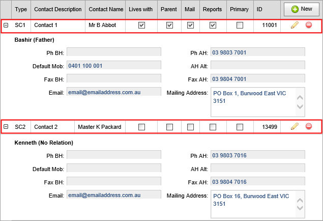 Student Maintenance - Contacts bar (grid area, cut down)