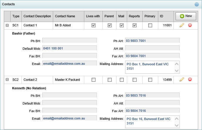 Student Maintenance - Contacts bar (cut down)