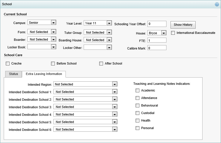 Student Maintenance - School bar - Extra Leaving Information sub-tab (synweb)