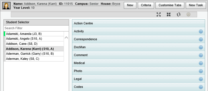 Student Maintenance window (collapsed navigation bars)