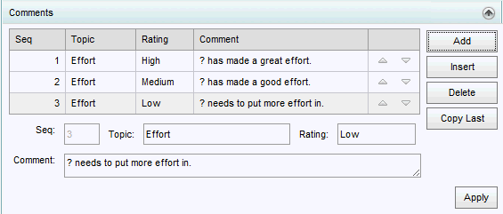 Subject Assessment Area Maintenance - Comments bar