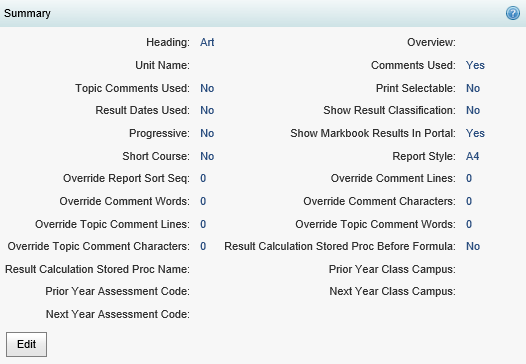 Subject Assessment Area Maintenance - Summary bar