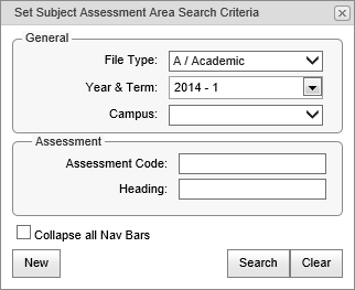 Subject Assessment Area Maintenance Search Criteria (synweb)