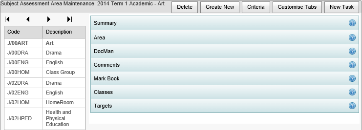 Subject Assessment Area Maintenance search results (synweb)