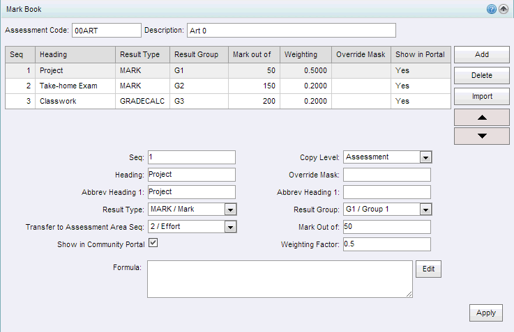 Subject Assessment Maintenance - Mark Book bar