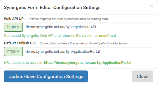 Synergetic Form Editor Configuration Settings window