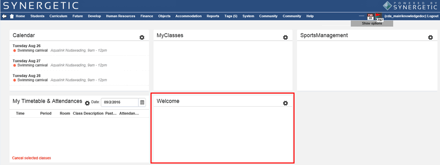 Welcome page widget default position (Synweb)
