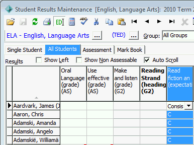 Student Results Maintenance - All Students tab (cut down)