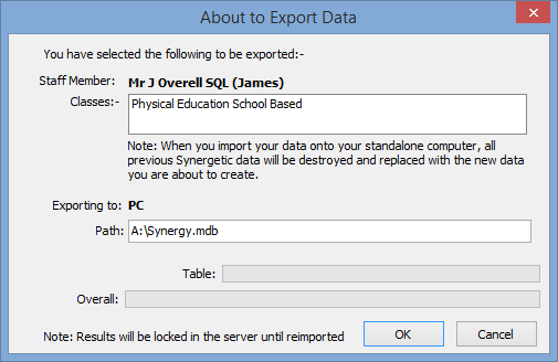 About to Export Data window