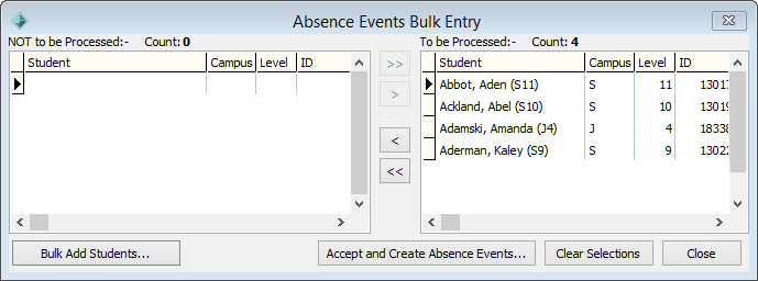 Absence Events Bulk Entry window