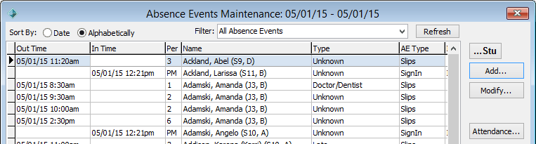 Absence Events Maintenance window (buttons, excluding delete)