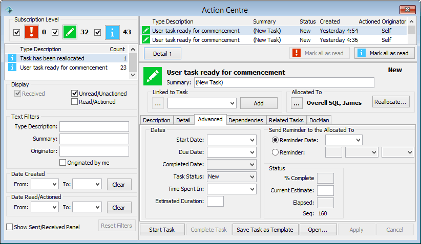 Action Centre - Advanced tab (cut down, further)