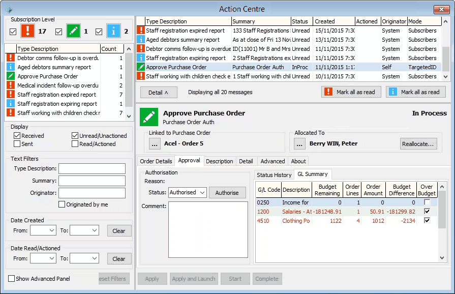Action Centre - Approval tab