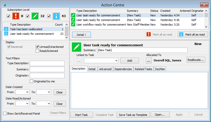 Action Centre - Description tab (cut down)