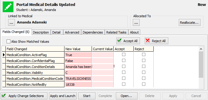 Action Centre - Fields Changed tab