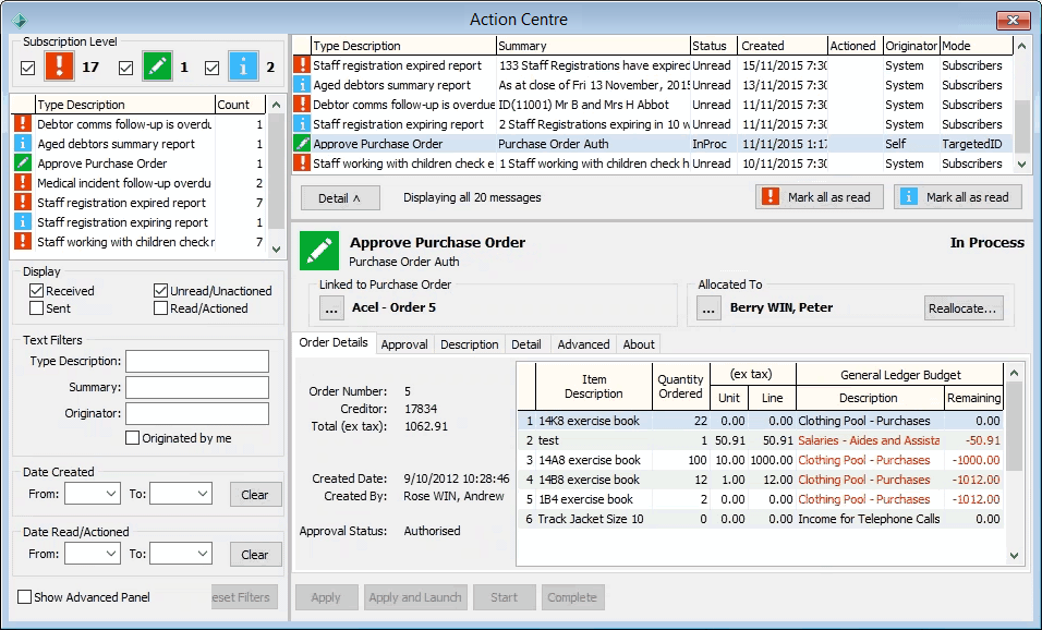 Action Centre - Order Details tab