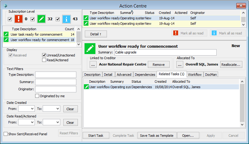 Action Centre - Related Tasks tab (cut down, further)