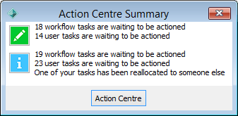 Action Centre Summary window (Tasks included)
