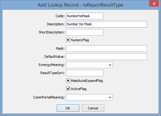 Add Lookup Record - luReportResultType (populated) window