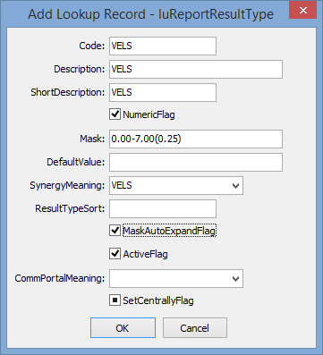 Add Lookup Record - luReportResultType (VELS) window