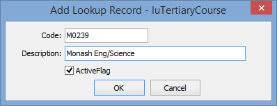 Add Lookup Record - luTertiaryCourse window