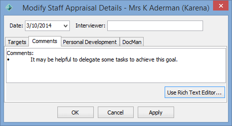 Add Staff Appraisal Details (rich text example, Comments tab)