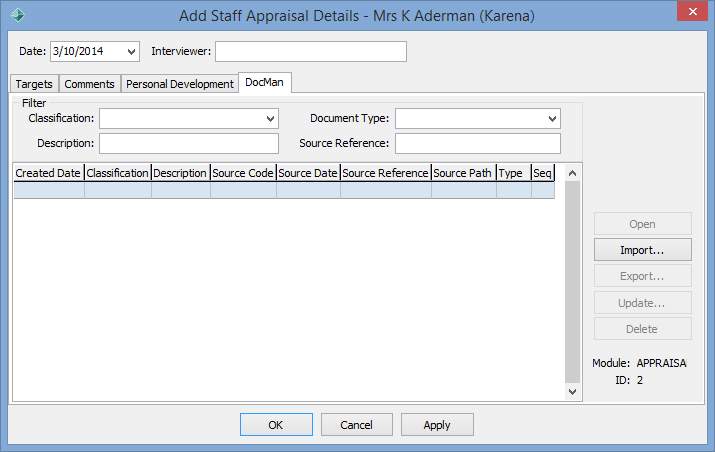 Add Staff Appraisal Details - DocMan tab