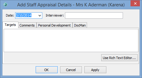 Add Staff Appraisal Details window