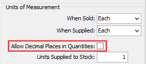 Allow decimal places in quantities field (Item Maintenance, highlighted)