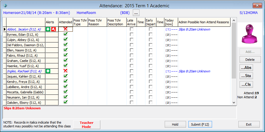 Attendance window (Initial, Teacher Mode, v64)