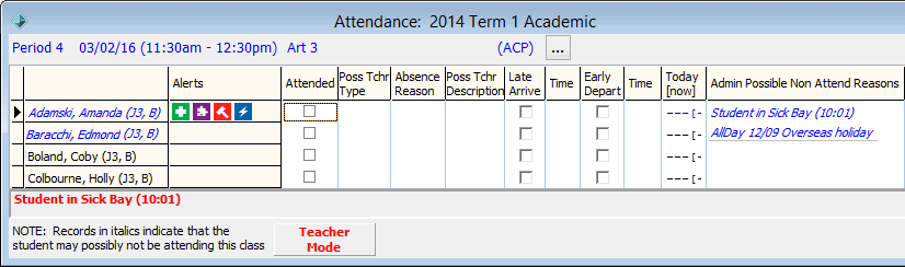 Attendance window - example of student possibly not attending