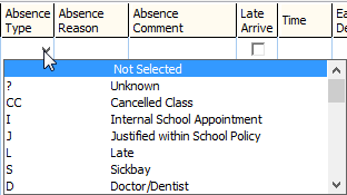 Attendance window - poss absence code field
