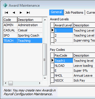 Award Maintenance - General tab(cut down)