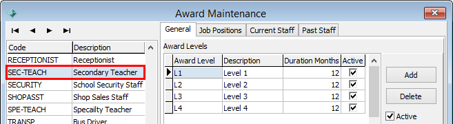 Award Maintenance - General tab (cut down,Awad selector highlighted)