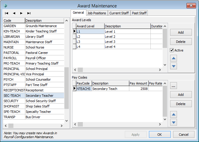 Award Maintenance - General tab