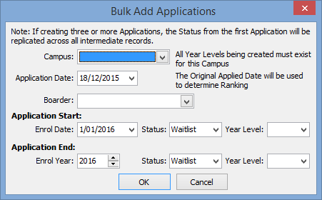 Bulk Add Applications window