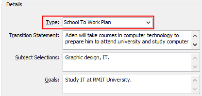 Career plans tab (type field highlighted)