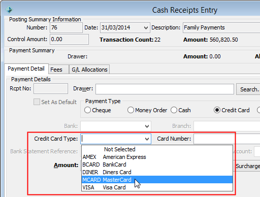 Cash Receipts Entry - Payment Detail tab (surcharge cutdown)