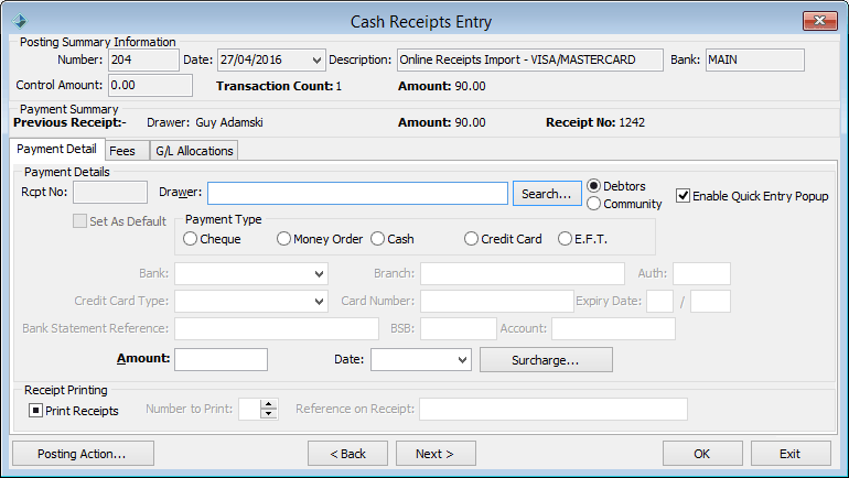 Cash Receipts Entry - Payment Detail tab