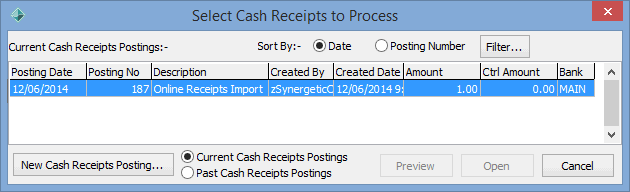 Cash receipts entry - Select Cash Receipts to Process window